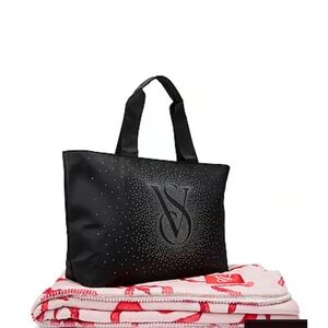 Victoria's Secret Black Shine Tote + Cozy Pink Bow Blanket - BRAND NEW